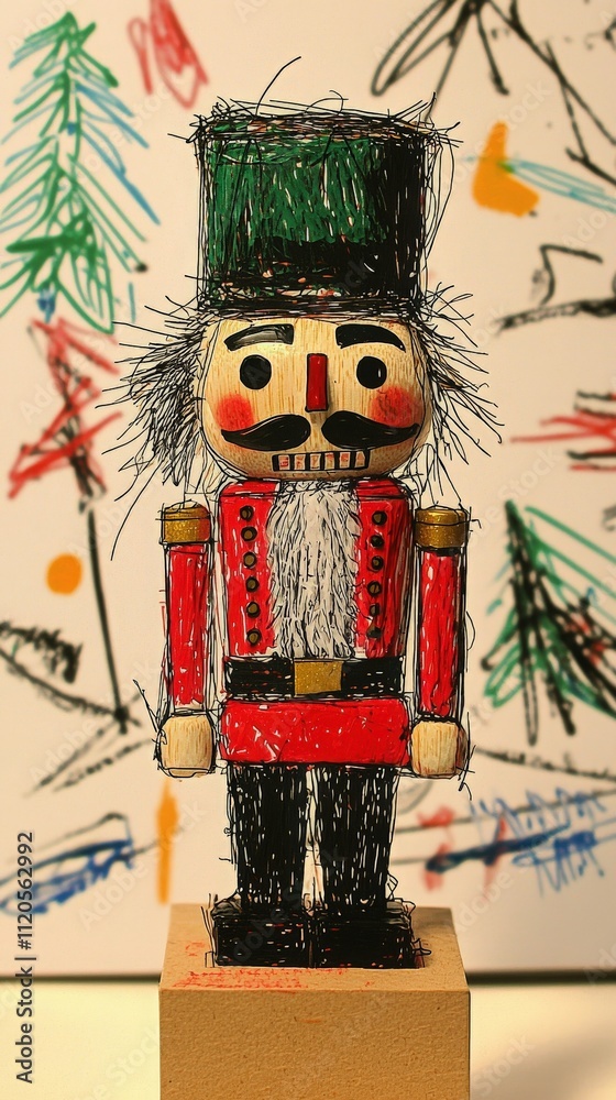 A wooden nutcracker figurine is positioned on a pedestal against a vibrant backdrop of abstract festive drawings. The figurine features a traditional design with colorful details.