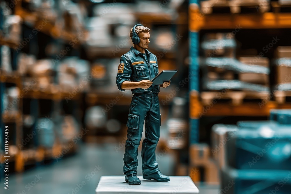 A worker in a dark blue uniform stands on a pedestal, wearing headphones and holding a tablet. The background features shelves filled with various items in a large storage area.
