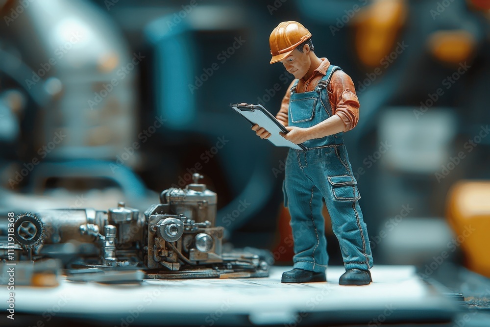 A worker in an orange hard hat and overalls examines a clipboard while standing next to machinery in a bustling workshop. Tools and equipment surround him, indicating an active work environment.