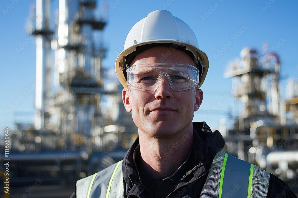 A worker wearing a hard hat and safety goggles stands confidently at an industrial site. The bright blue sky contrasts with the machinery in the background, highlighting a focus on safety.