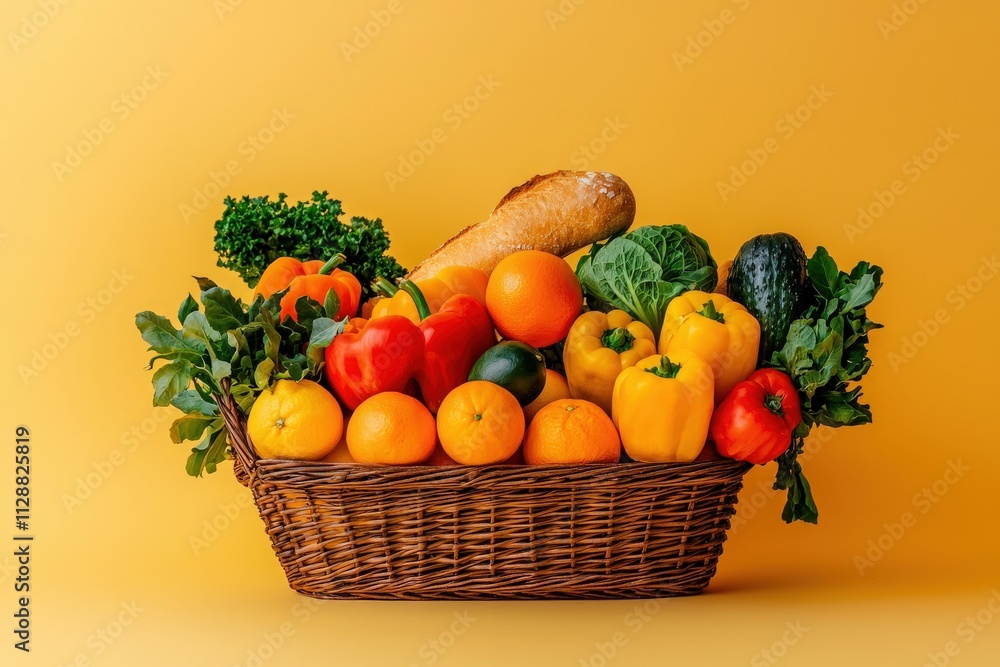 A woven basket overflows with vibrant fruits and vegetables, including oranges, peppers, and greens, arranged beautifully against a bright yellow background, showcasing fresh produce.