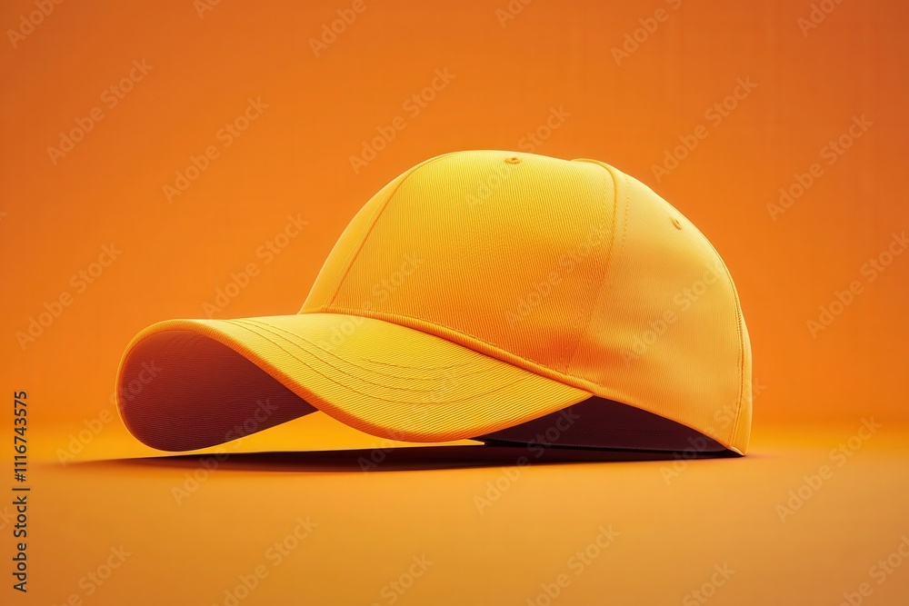 A yellow cap is positioned on a bold orange background, creating a striking visual contrast. The setting emphasizes simplicity, showcasing the caps design and color vividly.