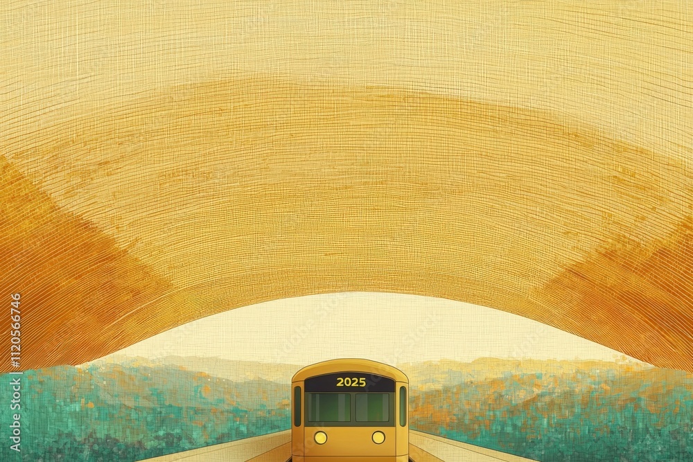 A yellow train is shown approaching a vast arch structure that dominates the view. Soft colors blend in the background, creating a tranquil atmosphere and hinting at distant hills.