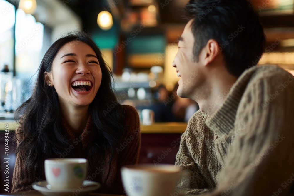 A young Asian couple engages in lighthearted conversation, sharing laughter over steaming cups of coffee in a warm, inviting cafe.