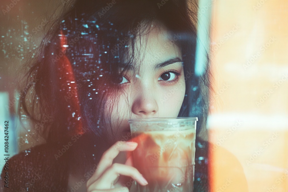 A young Asian woman is holding a drink while covering her face with her hand, showcasing her heavy makeup. She appears introspective and is situated in a cozy cafe environment.