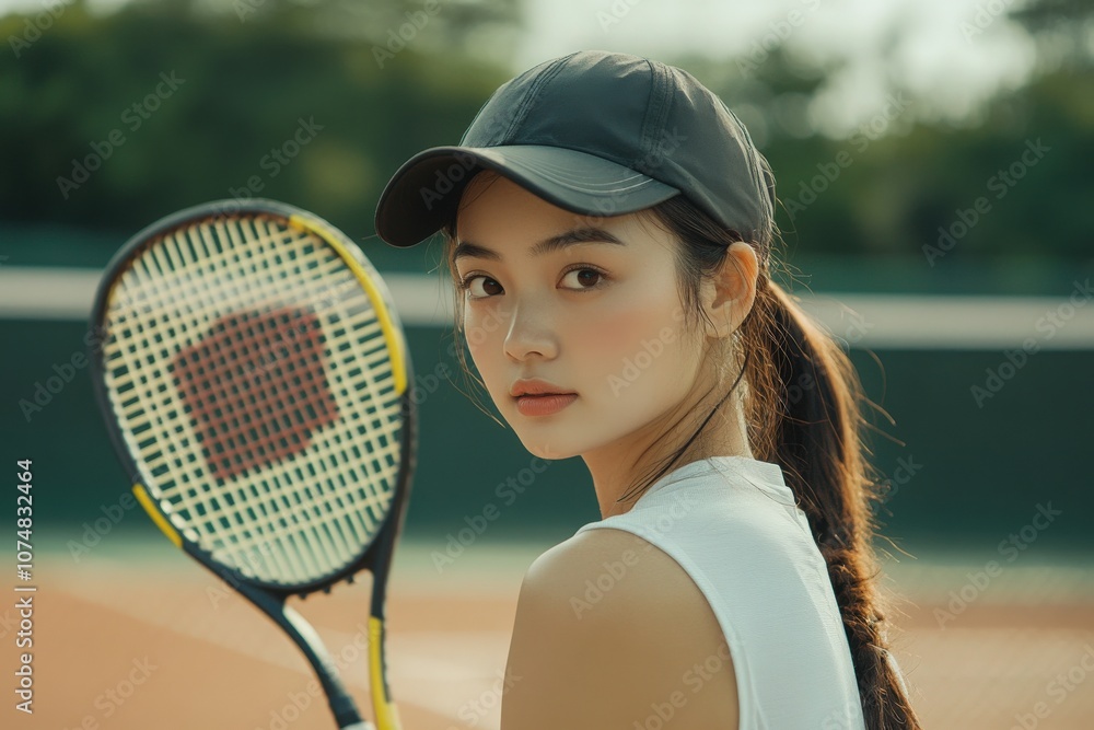 A young Asian woman prepares for a tennis match, holding her racket and looking intently at the court. The bright sun enhances the vibrant atmosphere of the sports event.