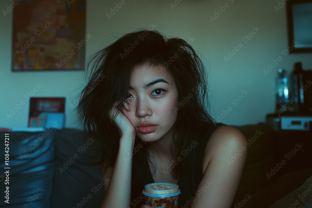 A young Asian woman shows off her glamorous heavy makeup while holding a drink. She supports her head with one hand, looking relaxed and thoughtful in a cozy home setting.
