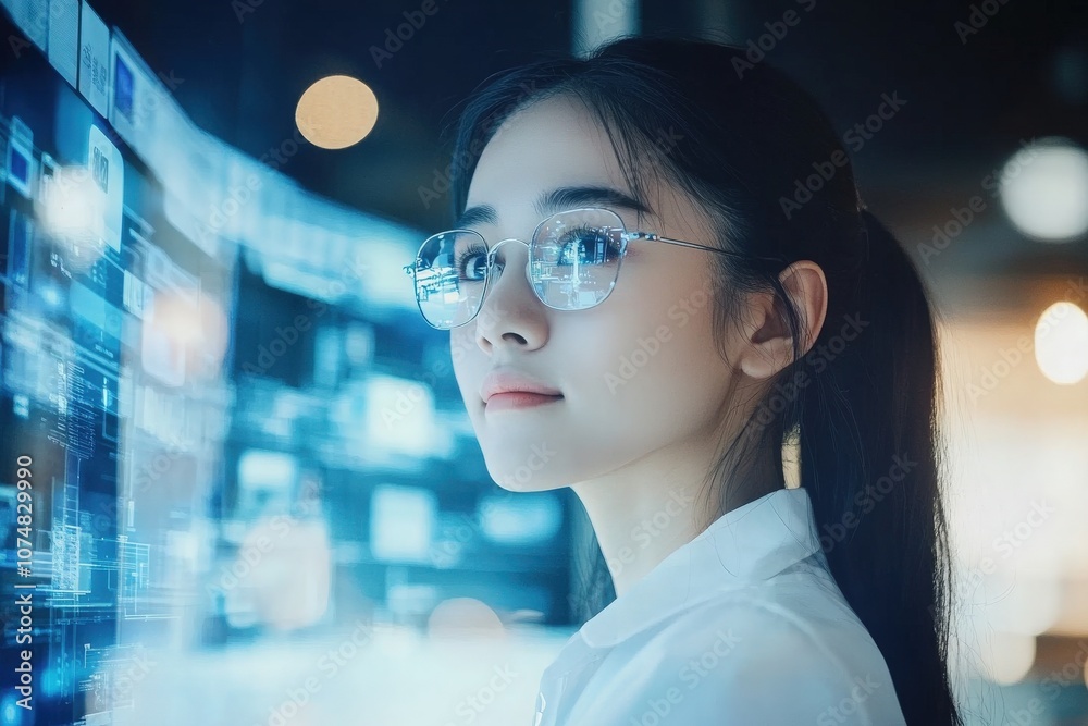 A young Asian woman with glasses intently engages with digital displays during a virtual meeting, highlighting her proficiency with technology and collaboration tools in a professional setting.