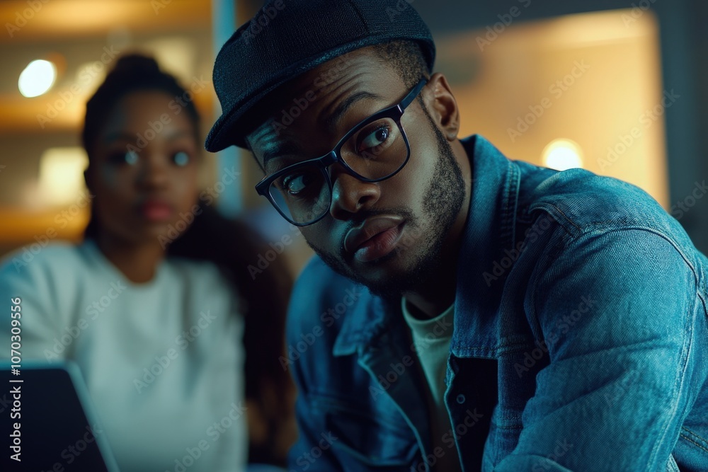 A young Black man focuses intently on troubleshooting a technical issue while a woman looks on.