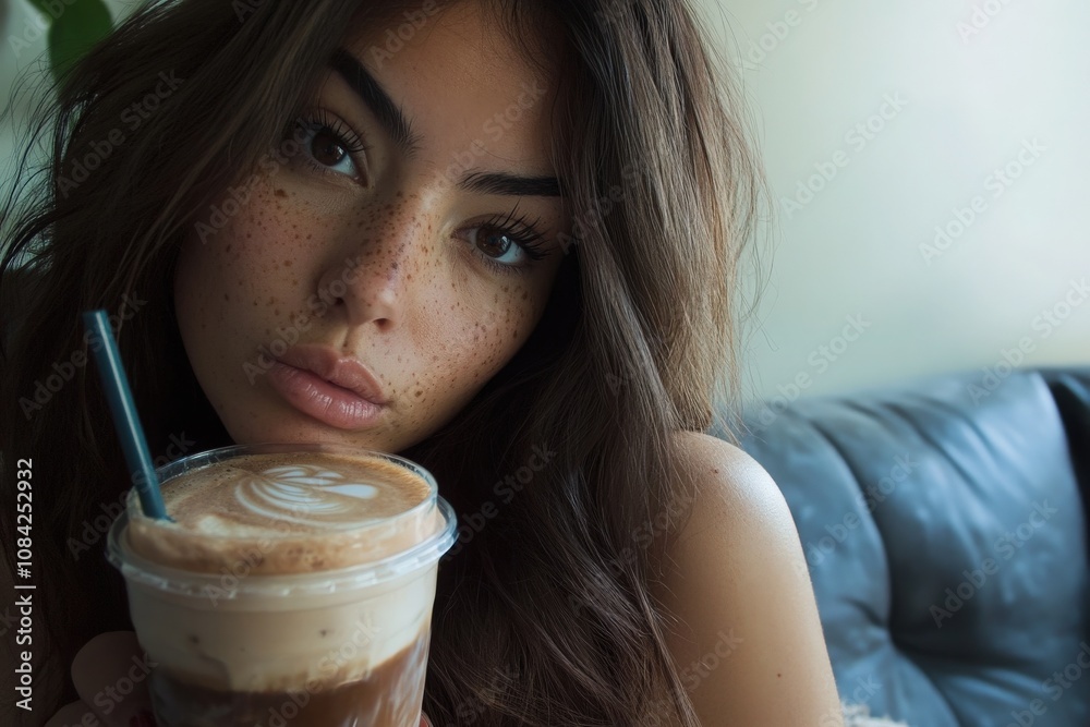 A young Hispanic woman with brown hair and freckles takes a selfie while sitting indoors. She covers her face partially with her hand, holding a coffee drink in the other hand.