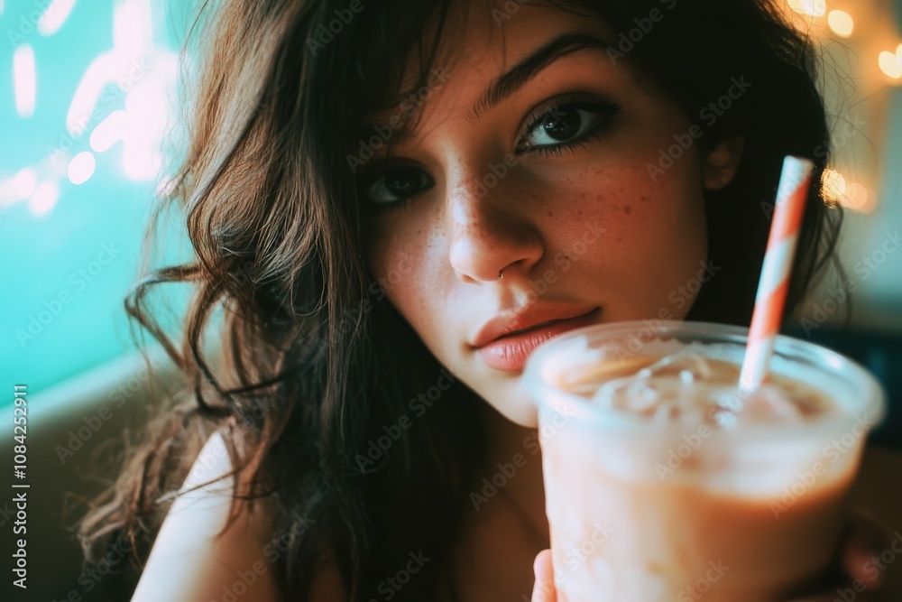 A young Hispanic woman with long brown hair poses for a selfie. She playfully covers her face with one hand while holding a refreshing drink in the other, surrounded by a warm cafe atmosphere.