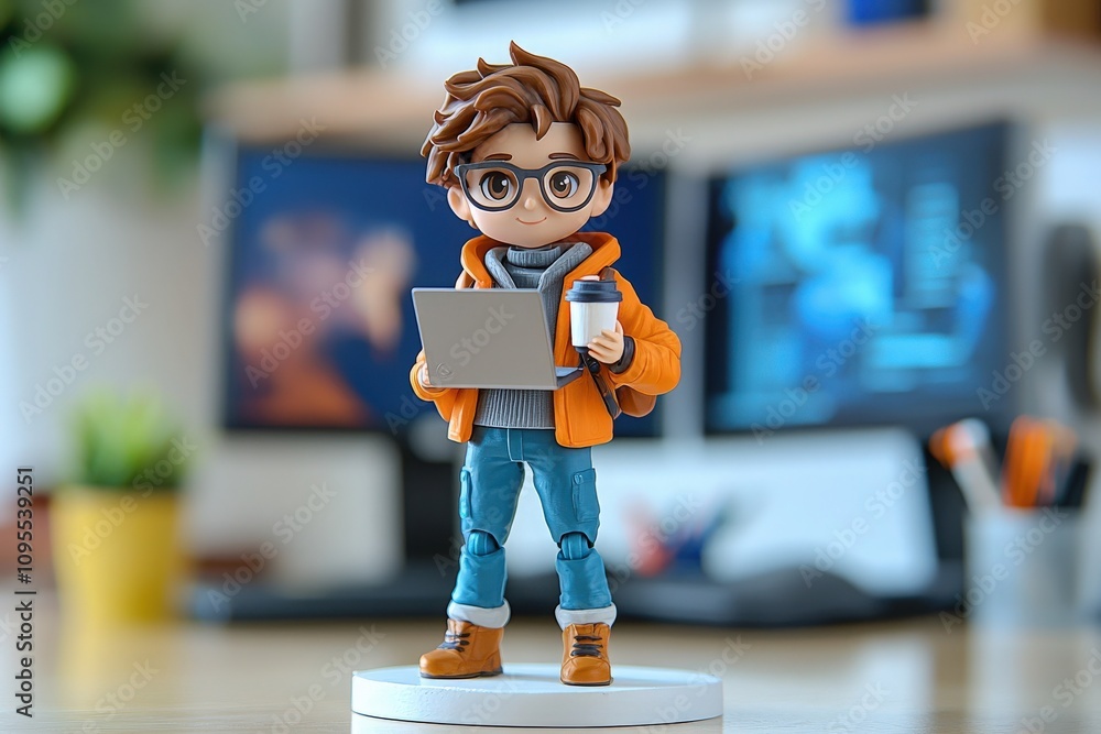 A young adult stands confidently in a creative workspace, holding a laptop in one hand and a coffee cup in the other. Bright monitors and plants enhance the inviting atmosphere.