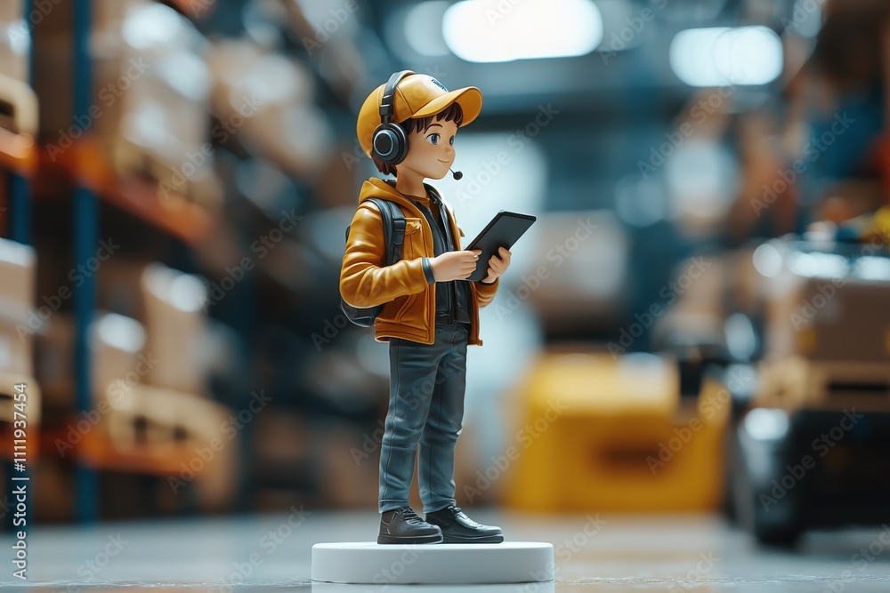 A young delivery worker stands in a spacious warehouse, holding a tablet and wearing a headset. The environment features stacks of boxes and shelves filled with goods, indicating an active workspace.