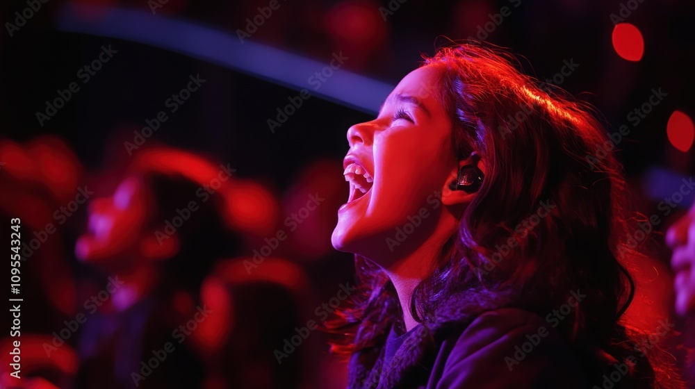 A young girl with curly hair joyfully smiles and sings along during a lively music event. Bright lights illuminate the crowd, enhancing the atmosphere of excitement and happiness.
