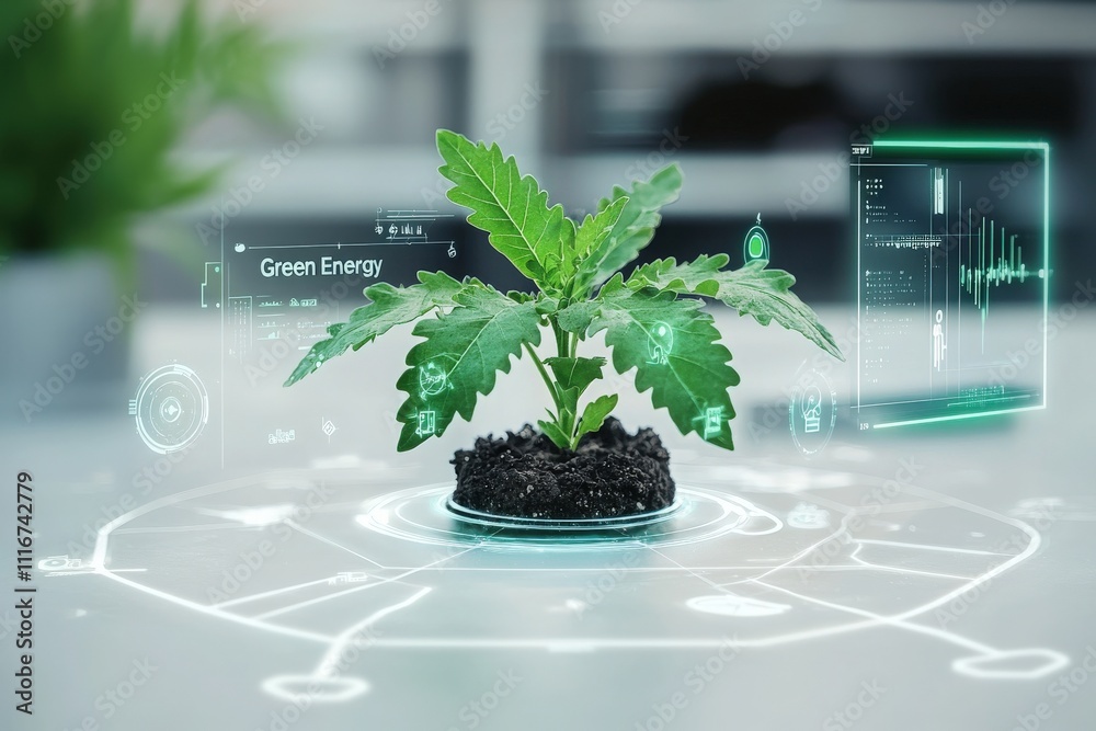 A young green plant grows in soil, surrounded by digital holographic graphics representing data analysis.