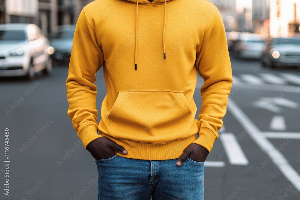 A young individual is casually dressed in a vibrant yellow hoodie and jeans, posing confidently on a busy urban street. Vehicles pass by in the background, suggesting an active city life.
