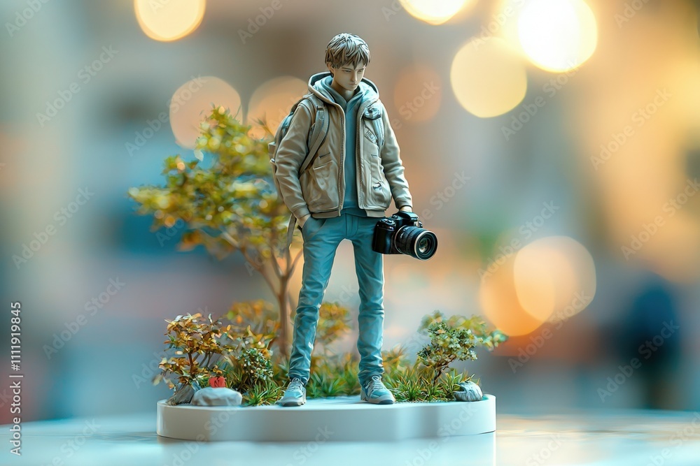 A young male figure holds a camera while standing near a small tree. The warm bokeh background creates a playful atmosphere, highlighting the figures casual style and focus on photography.