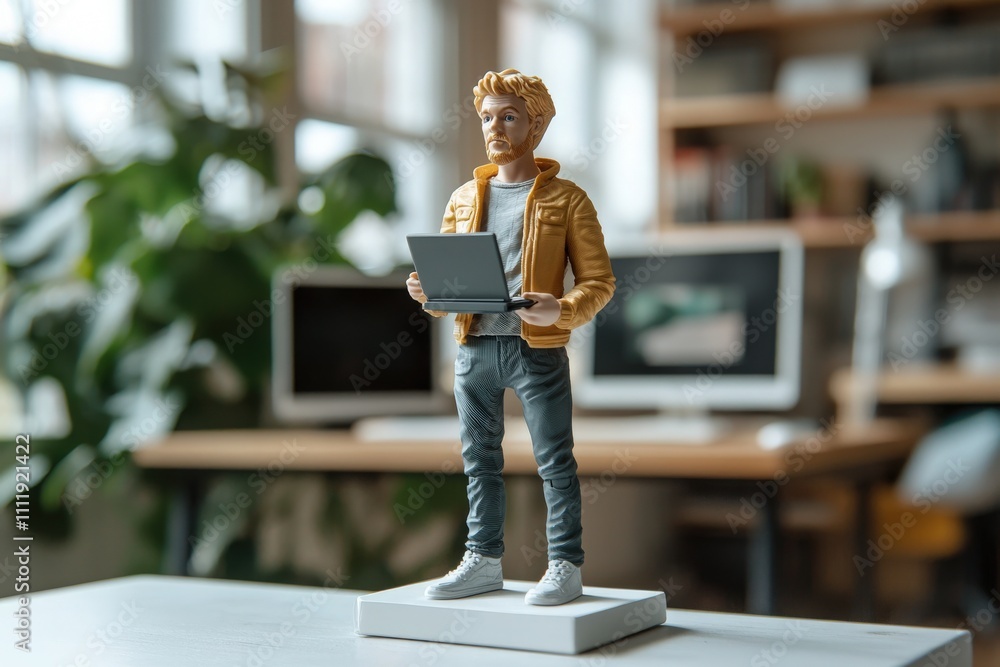 A young man holds a laptop while standing in a stylish, well-lit workspace. This inviting environment features plants and computer setups, enhancing the productive atmosphere.