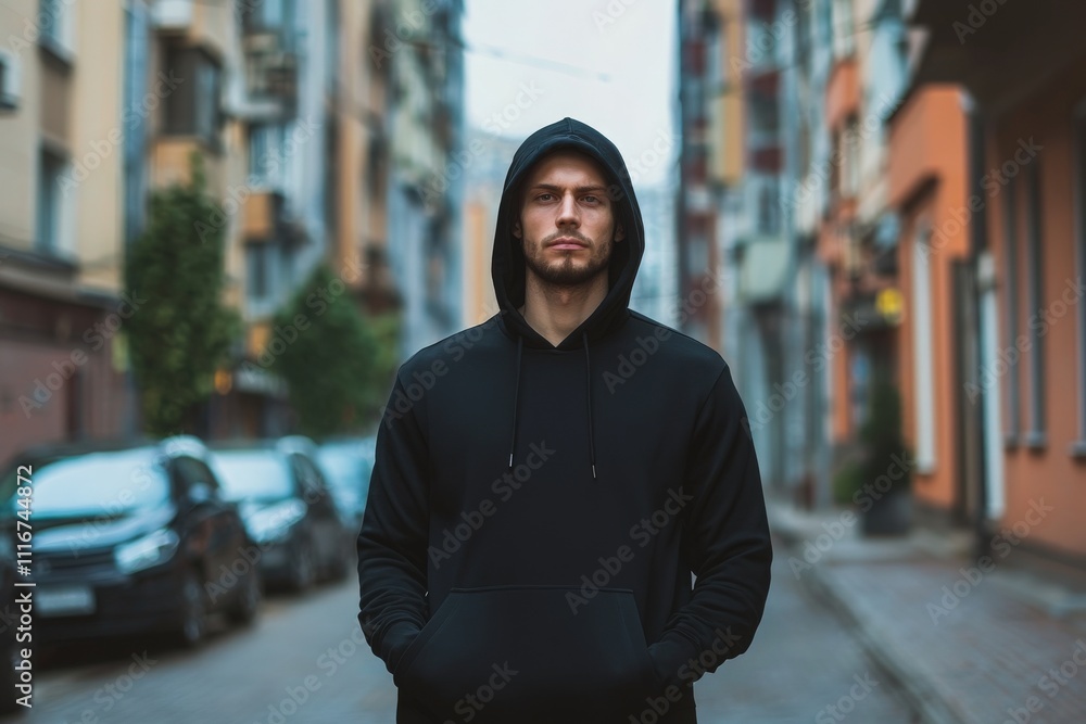 A young man in a black hoodie stands in the middle of a narrow city street. He displays a confident expression, surrounded by apartments and parked cars on a cloudy day.