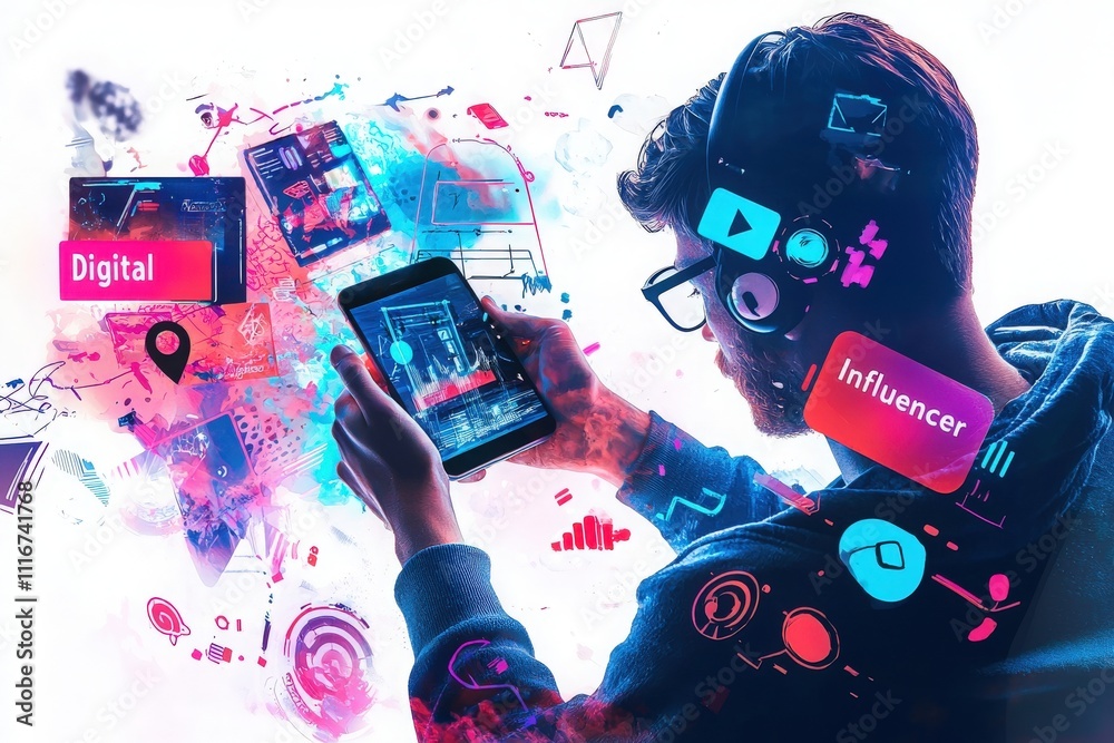 A young man interacts with a smartphone, immersed in a world of digital media. Colorful graphics and icons surround him, highlighting the influence of technology on modern communication.