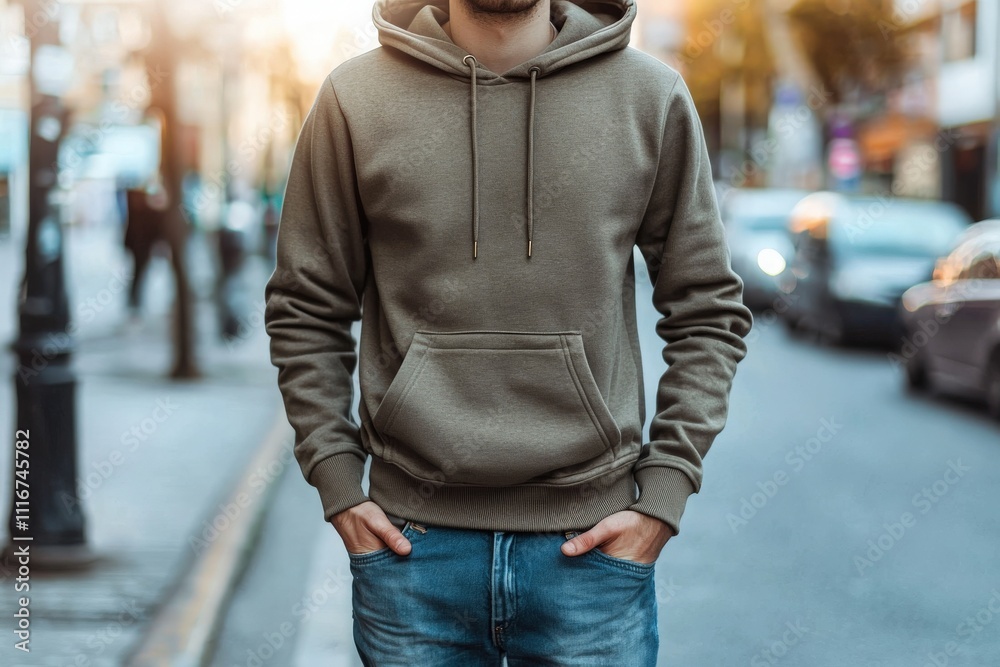 A young man is standing confidently on a bustling street, wearing a casual hoodie. He has his hands in his pockets, surrounded by pedestrians and cars during a bright afternoon.