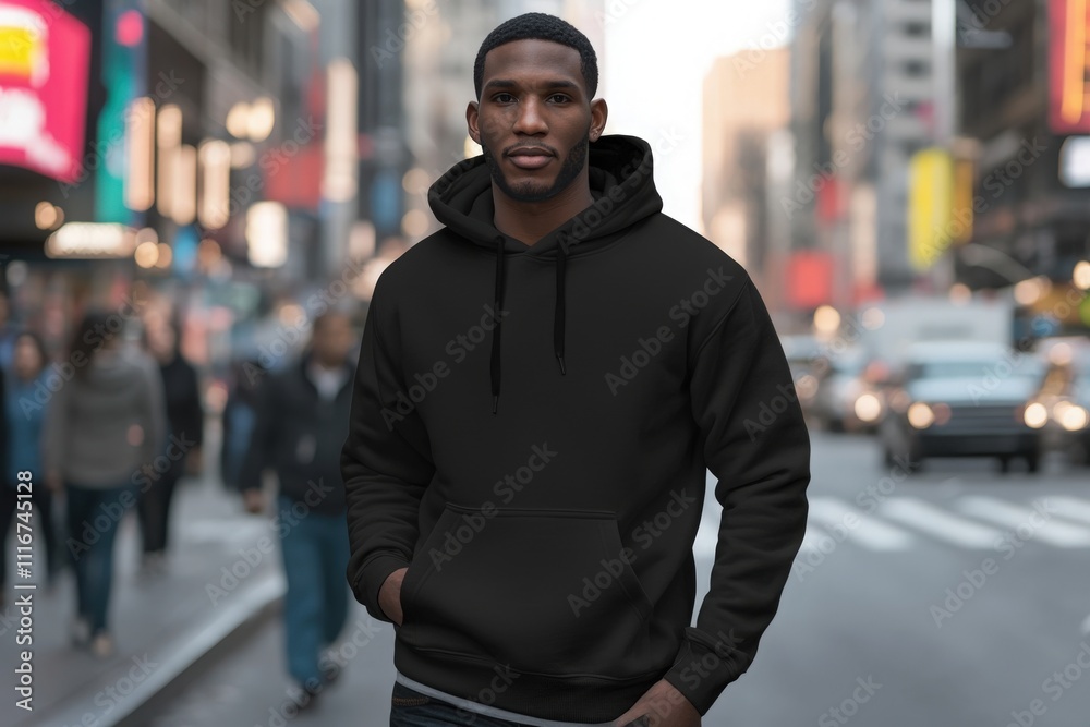 A young man stands on a bustling city street, wearing a black hoodie. Vehicles pass by as he poses with a relaxed demeanor, surrounded by numerous pedestrians in a lively urban setting.