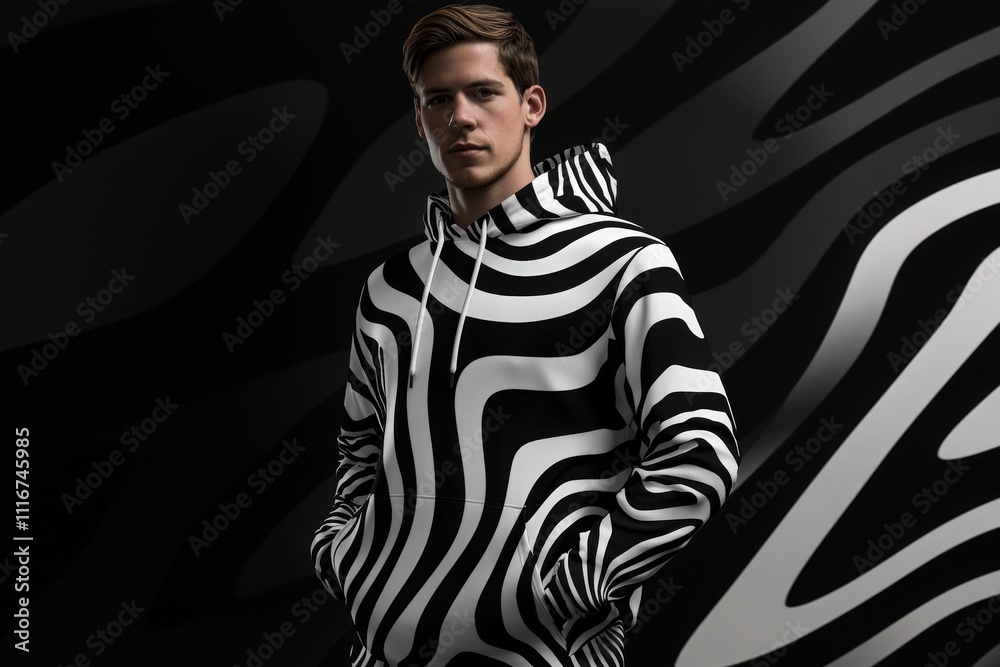 A young man stands with a confident expression, wearing a black and white hoodie with a bold wavy pattern. The backdrop features a complementary abstract design that enhances the overall look.