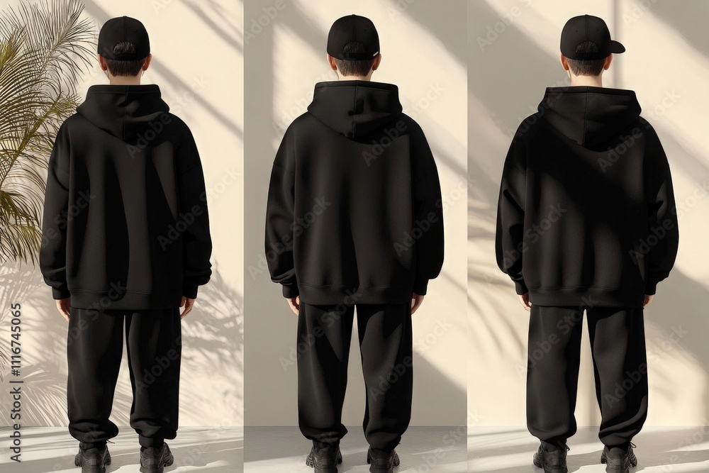A young man stands with his back to the viewer, modeling a black hoodie and matching pants. Bright light streams through, creating shadows on the wall in a simple, modern space.