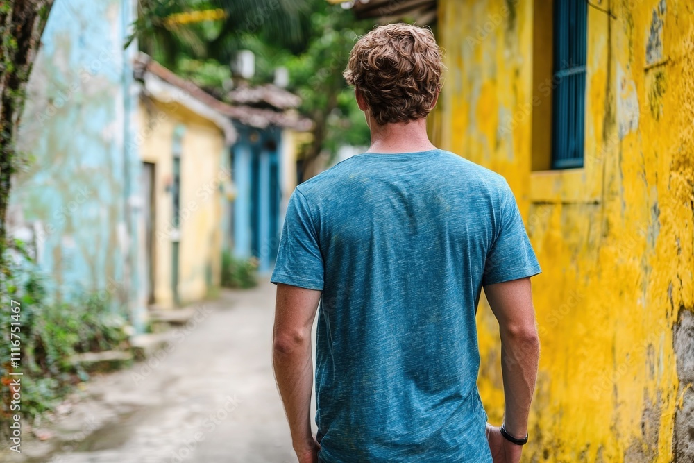 A young man walks down a serene, narrow alley surrounded by brightly colored buildings. The atmosphere feels peaceful, with lush greenery adding to the charm of the village.