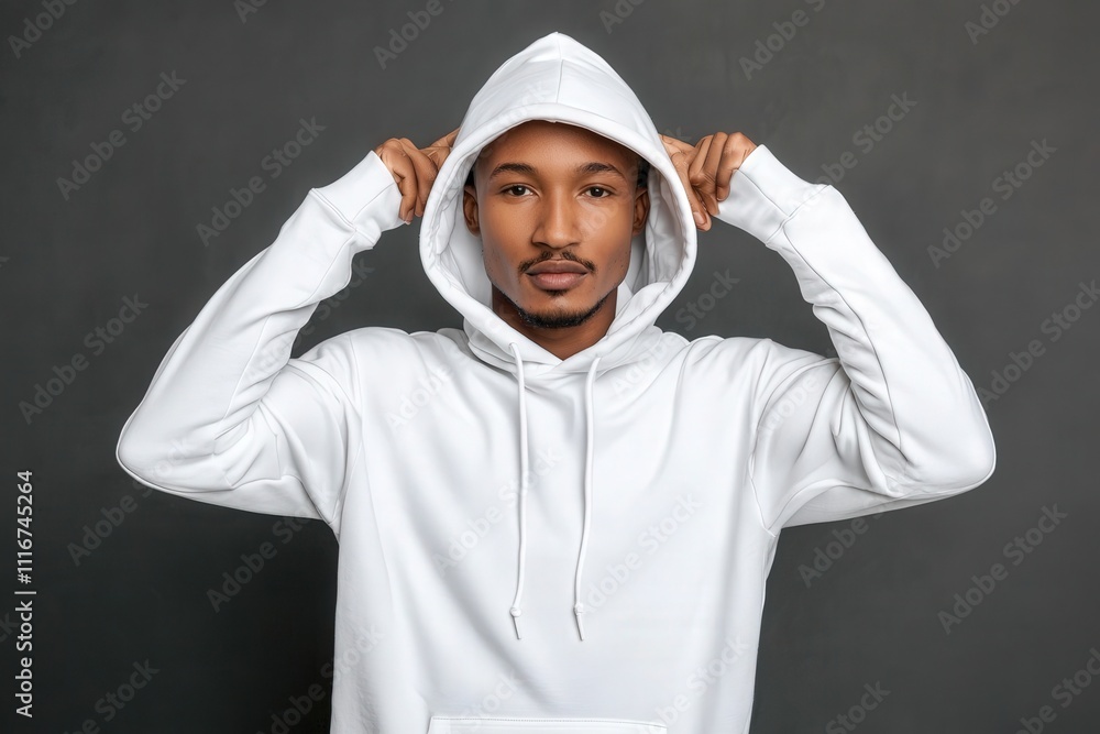 A young man wearing a white hoodie is adjusting the hood while standing against a dark background. He displays a calm and confident expression, embracing a contemporary style.