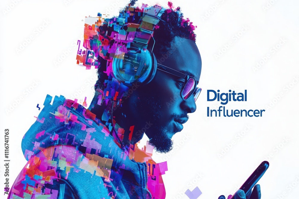 A young man with headphones uses a smartphone, immersed in the digital world. Colorful graphics surround him, showcasing the connection between technology and modern influence in an urban environment.