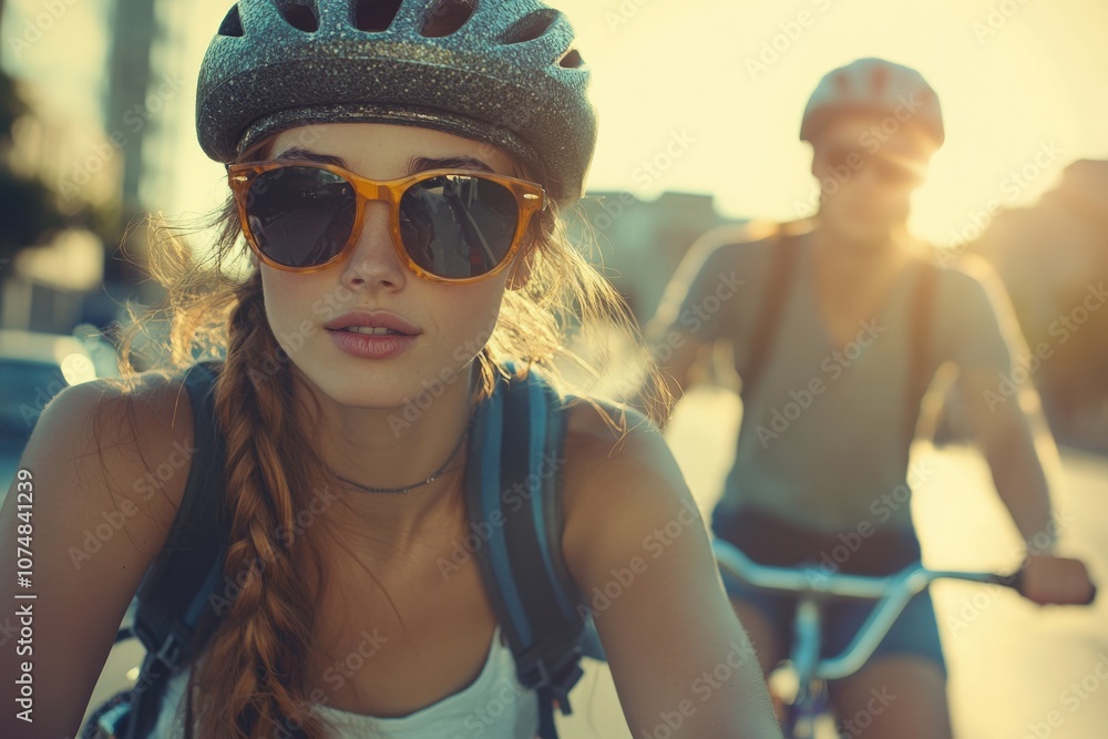 A young millennial couple rides bicycles down a city street, enjoying a beautiful sunset. They wear helmets and sunglasses, showcasing a carefree, active lifestyle in an urban environment.