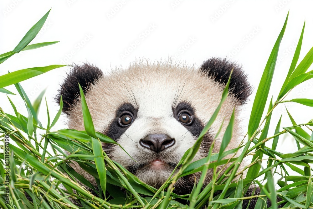 A young panda cub is curiously peeking through lush green bamboo leaves. The fluffy animal is surrounded by vibrant vegetation, showcasing its playful and inquisitive nature.