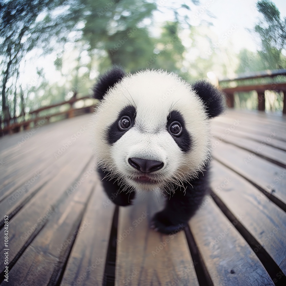 A young panda moves slowly along a wooden trail in a lush forest. Its large expressive eyes and playful demeanor capture a sense of curiosity and innocence in the natural surroundings.