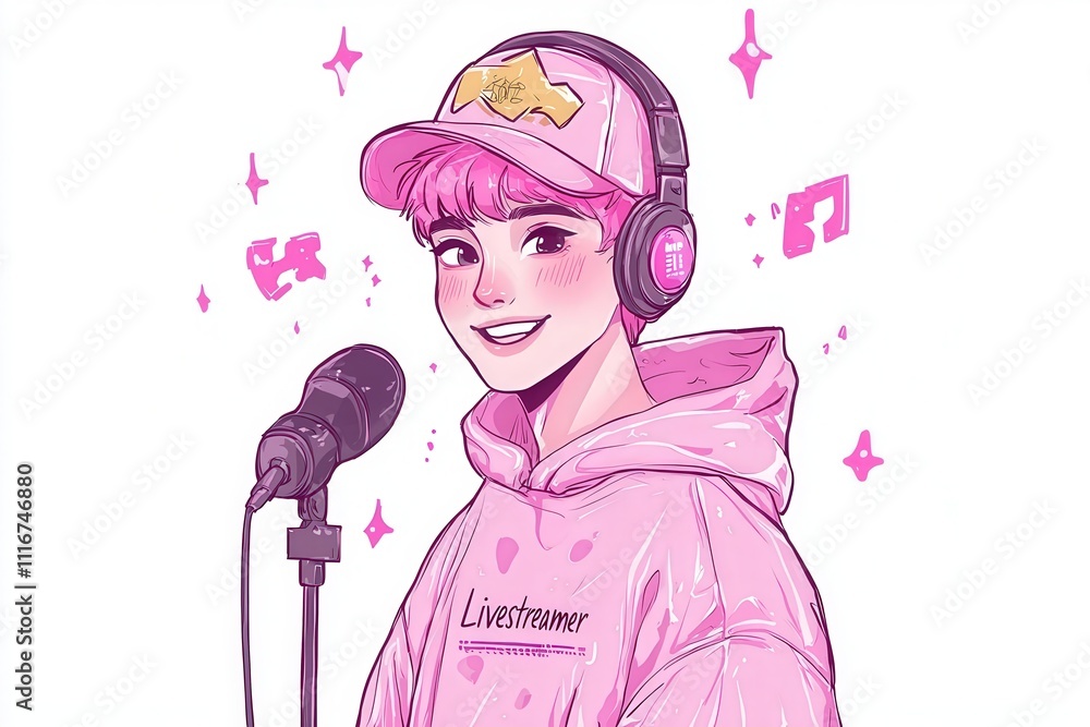 A young person is engaged in a live streaming session, wearing a pink hoodie and a matching cap. They have headphones on and a microphone nearby, exuding a vibrant and energetic vibe.