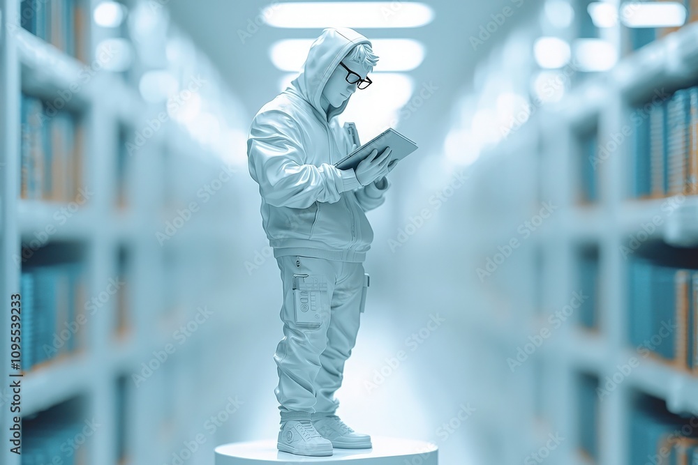 A young person stands on a pedestal in a library, absorbed in reading a book. Dressed in a full white outfit, they are surrounded by tall, orderly bookshelves.