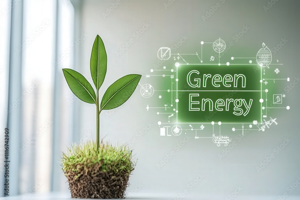 A young plant with vibrant leaves grows from rich soil, beside digital representations of green energy concepts. The setting is bright and modern, emphasizing eco-friendliness.