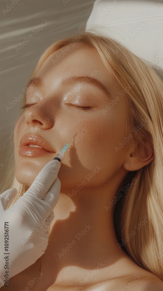 A young woman relaxes as a professional administers a cosmetic injection to her cheek. Natural light filters through, creating a calm atmosphere in the clinic.