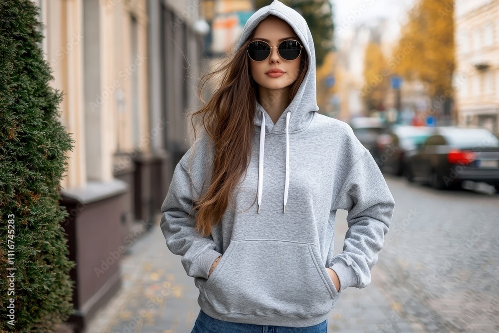 A young woman stands confidently on a city street, wearing a gray hoodie and sunglasses. The autumn foliage and urban setting create a vibrant backdrop for her casual style.