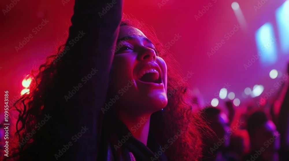 A young woman with curly hair joyfully raises her arms, immersed in the energetic atmosphere of a lively concert. Bright lights enhance the excitement around her as fans cheer.
