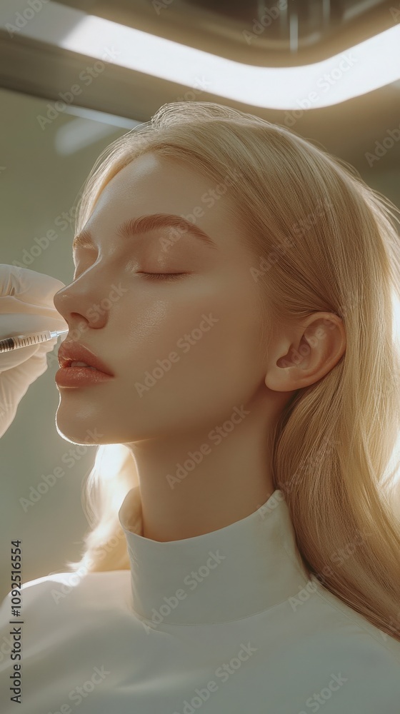 A young woman with long blonde hair is undergoing a cosmetic procedure. She sits calmly as a professional administers treatment using a syringe, set in a bright and contemporary clinic.
