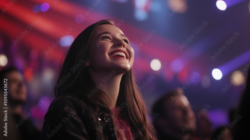 A young woman with long hair smiles brightly while watching a live performance. Colorful lights illuminate the audience in a lively concert setting, creating an energetic atmosphere.