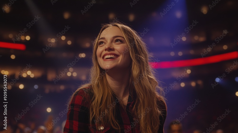 A young woman with long, wavy hair smiles brightly while watching a live performance. The audience surrounding her is engaged and the atmosphere is vibrant, lit by stage lights.