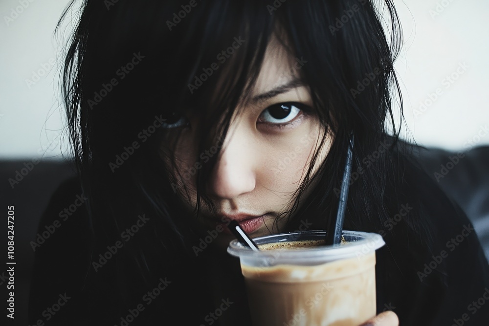 A young woman with striking heavy makeup is taking a selfie, partially hiding her face with her hair and a drink in hand. The setting appears to be indoors, suggesting a casual atmosphere.