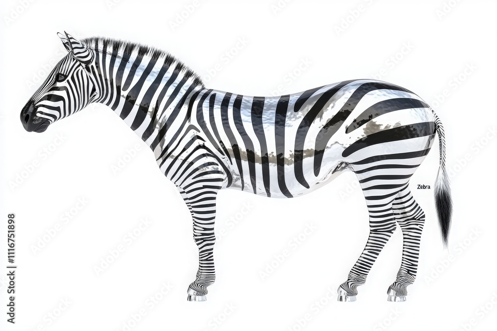A zebra is depicted with glossy black and white stripes blending seamlessly on its body. The animal stands still against a plain background, emphasizing its distinct pattern.
