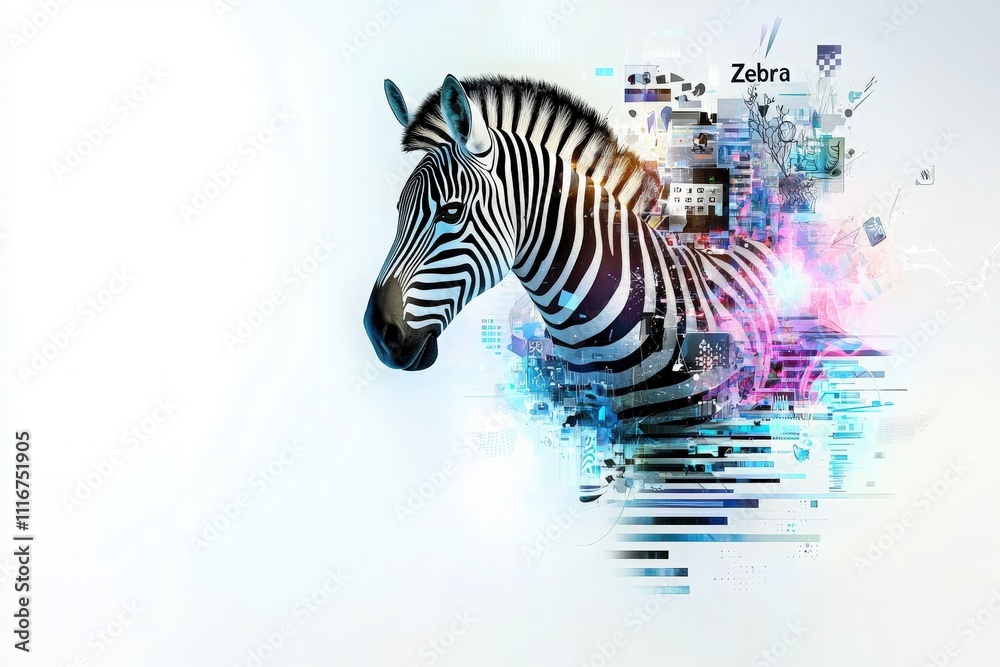 A zebras head emerges from vibrant abstract patterns and colors, blending nature with digital art. The contrasting black and white stripes are enhanced by tech-inspired visuals.