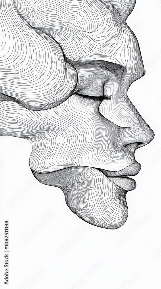 Abstract representation of a peaceful face formed by flowing lines. The contours create a sense of movement, merging with wavy hair, showcasing artistic expression and tranquility.