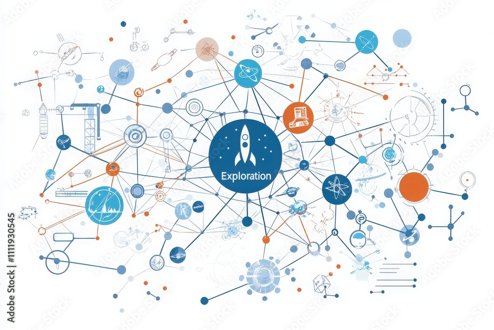 Abstract representation of exploration featuring various interconnected symbols like rockets, planets, and scientific icons.