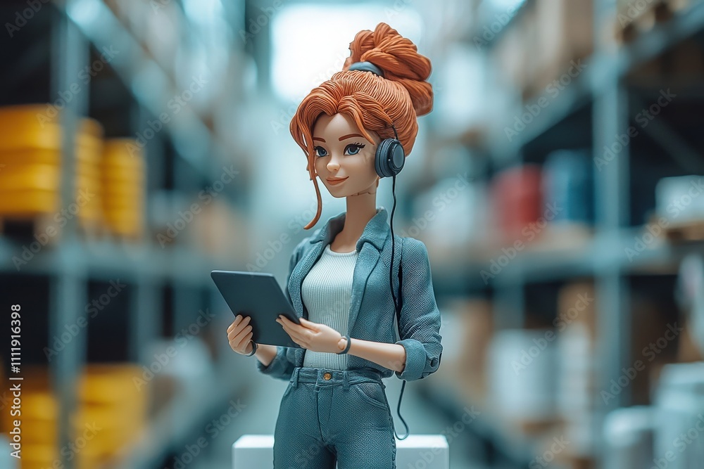 Amidst rows of shelves filled with products, a woman with red hair in a bun holds a tablet while wearing headphones. She appears focused on her task in a busy warehouse.