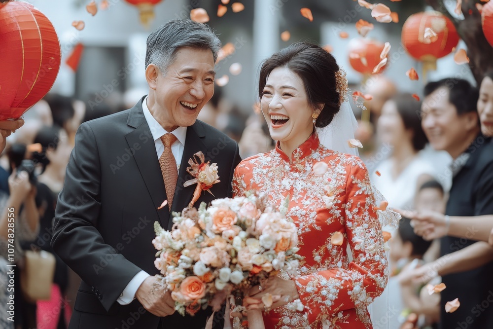 Amidst vibrant decorations and joyful guests, an Asian couple shares laughter and happiness during their wedding celebration, surrounded by family, bright lanterns, and confetti.